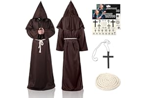 Sternstunde Disfraz de Monje Medieval, Acerdote Túnica Medieval Renacimiento Traje, Sacerdote para Adultos Disfraz con cruz Collar, 2 pegatinas de tatuaje, Adecuado para halloween, carnaval