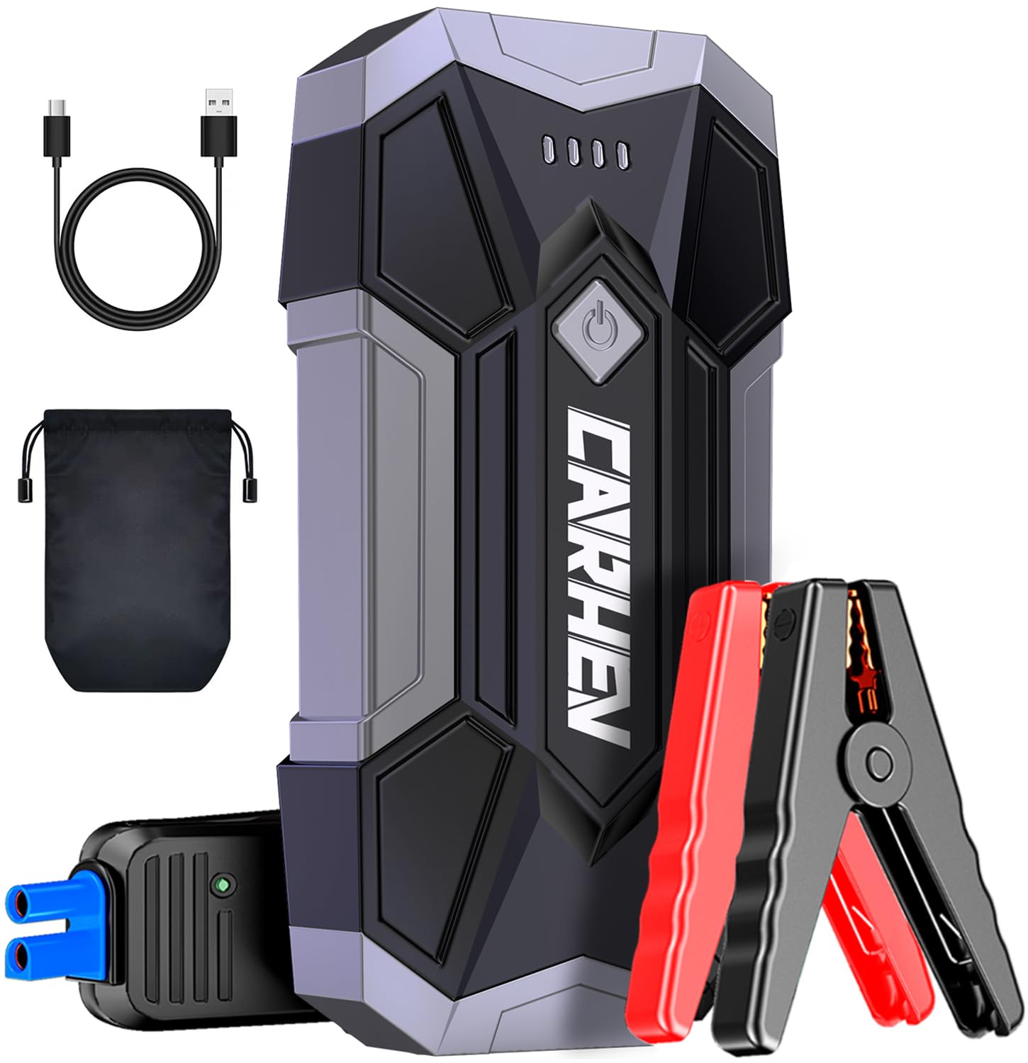 CARHEV 4500A Auto Starthulp Pack, Startbooster, Jump starter, Power bank en Startkabel voor 8,0L Benzinemotor of 8,0L Dieslmotor, met USB Quick Charge 3.0 Pack Type-C Draagbare Autoaccu starter.