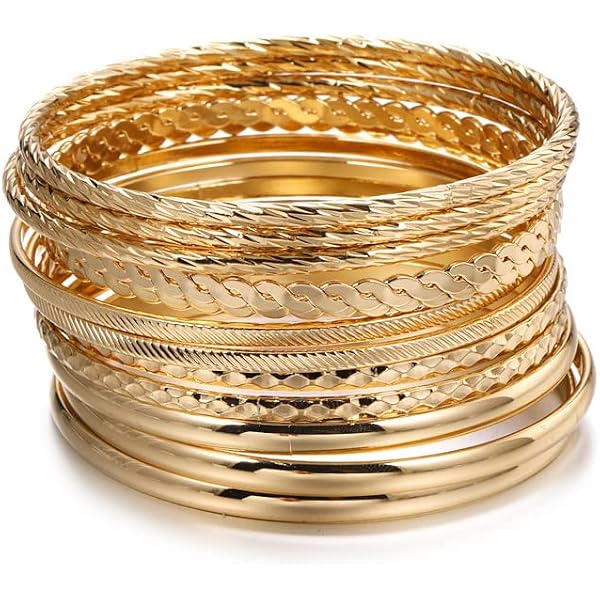 Set Di 10 Bracciali Impilabili Oro Per Donna – Stile Indiano, Lisci E Testurizzati – Gioielli Bohémien Per Ragazze