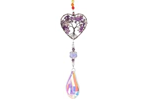 ZHUHUAPH Amethyst Healing Crystal Stone Sun Catchers for Windows, Tree of Life Tandem Natural Quartz Gemstone Pendant Rainbow Maker Suncatcher, Spiritual Gifts for Women