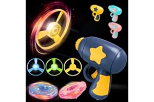 Vilbocr 3IN1Flying Disc Launcher Kids Toy Launcher with 1Flying Saucer Gun 4Cat Fetch Parachute 1Luminous propeller, 1 luminous gyroscope Outdoor Indoor Games Activities (Blue yellow)