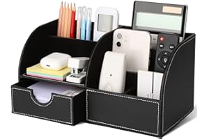 GORESE Organisateur de Bureau, Rangement de Bureau en Cuir Pot à Crayons Porte-Stylo Peu Encombrant, 7 Compartiments de Stylos, Agrafeuses, Dossiers, Notes Autocollantes, Téléphones (Noir)