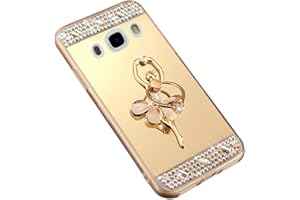 Galaxy J5 2016 etui, Surakey kryształ górski miękki połysk diament brokat lustro makijaż pokrowiec skóra z tańczącą dziewczyna pierścień stojak uchwyt podpórka do Samsung Galaxy J5 2016, złoty
