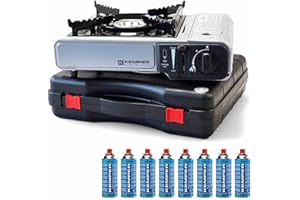 KEMPER - Réchaud à gaz Nomade + 8 Cartouches de gaz Détendeur de Pression Double système de sécurité. Puissance réglable