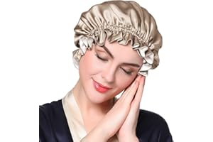 LILYSILK Pure Silk Lined Cap for Women Sleep, Double Layered, Adjustable Ribbons, Luxury Natural Silk Bonnet Cap for Sleeping Coffee+White