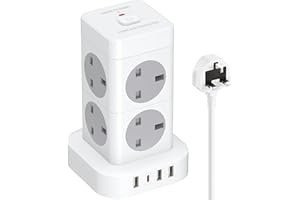 Hulker Tower Extension Lead with USB Slots 2M, 8 AC Outlets and 4 USB Ports Multi Plug Socket Extension Tower, Surge Protected with Switch, Power Strip Outlets Extension Cord for Home, Office, Kitchen