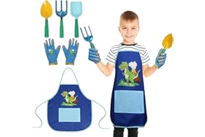 DKINY 5 Outils Jardinage Enfants Dinosaure Outillage Bêche Pelle Râteau Tablier Gants de Jardin pour Jeux Jouet Extérieur dans Jardin Sable Plage 3 4 5 6 7 8 Ans