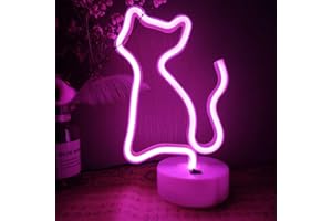 LH ENUOLI LED Pink Cat Neon Light Sign With Pedestal - Room Decor Night Light Indoor Battery/USB Operated - Bedside Table Lamp for Home Decoration