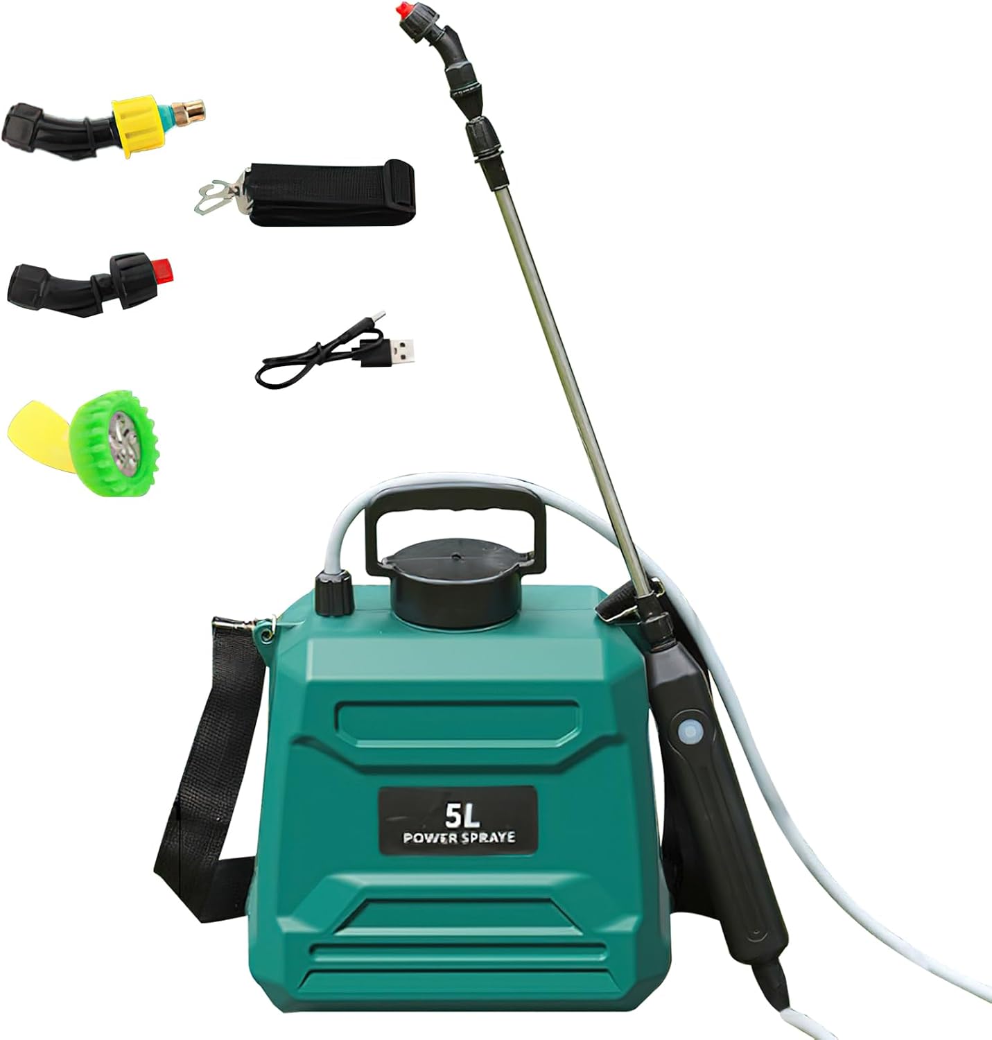 Pulverizador eléctrico de 5 l para jardín, con 3 boquillas ajustables, recargable por USB y asa telescópica, pulverizador a presión para riego deshierbe patio (verde)