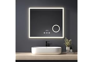 Heilmetz Espejo de baño con luz led 75x65cm，Espejo de Pared acrílico con Interruptor táctil, Anti-vaho, Bluetooth, Espejo de 3 aumentos y Reloj, Espejo de baño con 4300k de luz Neutra