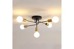Lumiup Sputnik Chandelier, Mid Century Modern Semi Flush Mount Ceiling Light, 5 Light Black and Gold Flush Mount Ceiling Light for Bedroom, Living Room, Kitchen, Dining Room