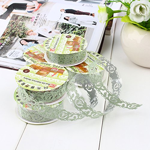 5 Rollen Lace Decor Kreatives Klebebänder Glitter Gold Pulver Spitzenband Selbstklebend Washi Tape Spitze Dekobänder Papier Aufkleber Kunsthandwerk DIY – ca. 100×18 mm (Grün) - 5