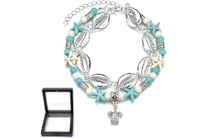 XBFOCNH Lot de 2 bracelets de cheville pendentif coquille tortue étoile Cheville Bracelets Multicouche D'été Plage Accessoires Pied Bijoux Réglable pour Femmes Filles
