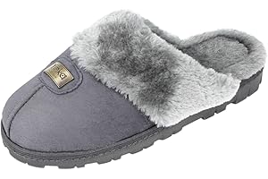 Yinka Shoes Ladies Girls Kids Faux Suede Fur Trim Lined Comfort Memory Foam Slip On Mule Slippers Size Infant 10- UK 9