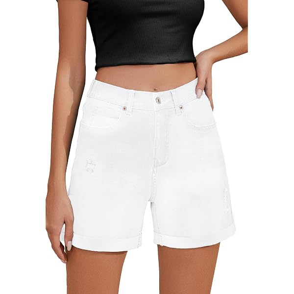 Short Jean Taille Haute Femme - Côtelé Stretch - Coton/Polyester - Look Décontracté Été