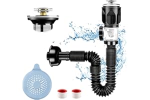 PJHAJH Scarico Lavandino Bagno, Sifone Lavandino Cucina, Sifone con Tubo di Scarico Flessibile, Prova di Odori & Insetti, Anti Intasamento, Sifone Lavandino Cucina Salvaspazio