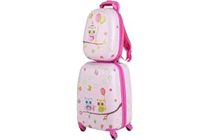 HOMFME 2 PCS Kids Luggage Set, 16 Inch Children Carry on Suitcase with 12 Inch Backpack, Adjustable Handle and Smooth Wheels, Hard Shell Boys Girls Trolley Case for Travel School (Owl, Pink)