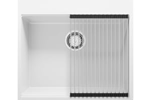 PRIMAGRAN Fregadero Cocina Blanco 58x50cm, Fregadero Granito 1 Seno + Sifón + Enrollable Escurridor, Fregadero sobre encimera al mueble 60cm - Oslo