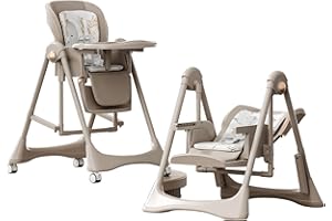 Veitoalioy Mode Repas 2 en 1 et mode Swing, Chaise Haute pour Bébé Chaise de Salle à Manger, Avec Doubles Plateaux et Roulettes Amovibles, Multifonctionnelle Pliable Convertible (8121 Khaki)