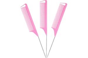 BOORIKA Hair Comb, Rat Tail Comb 100% Anti-static, Heat resistant, Lightweight, Durable Pin Comb with anti-skid paddle for All Hair Types (Pink Pack of 3)