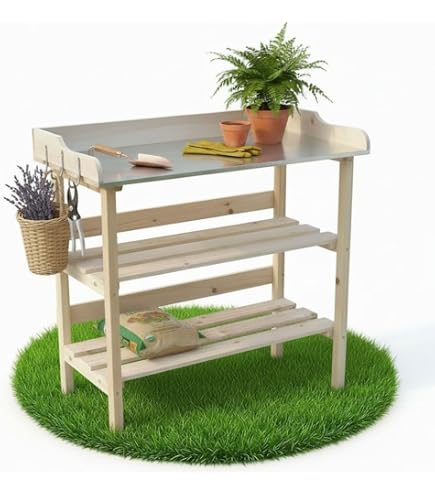 Tavolo Da Lavoro Per Giardinaggio In Legno Di Pino E Lamiera Zincata – 108x52x92 Cm, Made In Italy, Stile Retrò