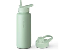 Vinsun Botella Agua Acero Inoxidable 1 Litro - Botella Termica con Pajita (2 Tapas) - sin BPA, Doble Pared, Prueba de Fugas - Cantimplora Termica para Deporte, Oficina, Viaje
