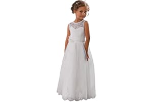 Aibaowedding Vintage Lang Kinder Tüllkleid Spitzenkleid mit Gürtel/Chic A-Linie Kommunionkleider Brautjungfern Kleider Blumenmädchenkleider für Mädchen 2-12 Jahr