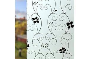 DIFIT Fensterfolie Blickdicht, Sichtschutzfolie Fenster Milchglasfolie, Anti-UV fensterfolie klebefolie Fenster sichtschutz, glasfolie selbstklebend Für Fenster Büro Bad(44 x 200 cm Schwarz Blume)