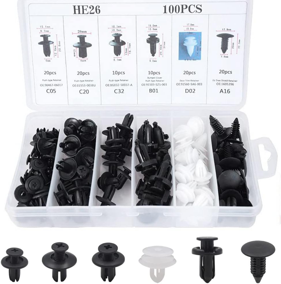 Lot de 100 clips de fixation pour voiture, 6 types de pinces de revêtement de porte, kit de fixation universel pour pare-chocs en plastique