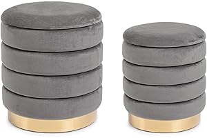 Yellow shop - Set 2 Pouf contenitore in velluto base metal DARINA Beige Grigio Rosa antico Verde acido Verde petrolio (Grigio)