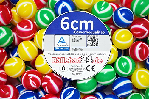 100 Bälle 6cm Ø GESTREIFT Spielbälle Bällebad Gewerbequalität (TÜV zertifiziert = fortlaufende Prüfungen seit 2012)