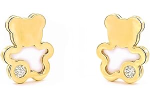 MONDE PETIT Pendientes Oro Bebe o Niña oso nacar y circón (9kts) - Estuche Regalo - Certificado de Garantía - Mondepetit