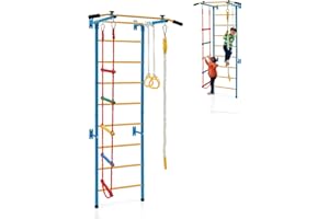 HOMASIS 5 en 1 escalera sueca de pared, escalera de madera con barra de tracción, escalera de cuerda, cuerda y anillos de gimnasia, juego de escalada para adultos y niños de 3 años+ (amarillo)