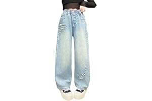 Generisch Jean baggy pour fille - Jambes larges - Avec élastique - Pantalon d'extérieur large - Taille haute - Pantalon de loisirs - Pantalon tendance pour enfants de 5 à 13 ans - Printemps et été