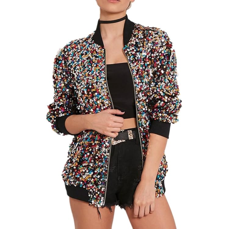 Glitzer-Bomberjacke Für Damen - Pailletten-Pilotenjacke Mit Stehkragen Für Party & Alltag