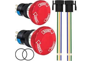 MKBKLLJY 2 Pcs 16mm Metal Emergency Stop Push Button Switch Latching 5A 250V Stainless Steel RESET SPDT Mushroom Red 5/8" Mouting Hole 3Pin 1NO 1NC With Wire Connection Plug Rubber Ring