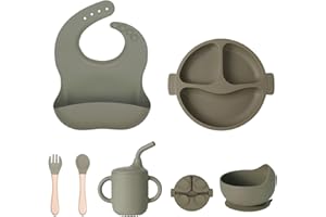 WOUMON 6 Stück Baby Geschirrset, Silikon Kindergeschirr Set mit Saugnapf, Rutschfest Baby Teller, Lätzchen, Schüssel, Tassen, Loffel, BPA Frei (Grün)
