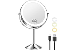 Gospire 8 Zoll Wiederaufladbar Kosmetikspiegel mit Licht, 3 Farben & Dimmable LED, 1X/10X Doppelseitiger Vergrößerung Schminkspiegel, 360°Schwenkbar Make-up Spiegel für Reise Zuhause, Chrom