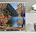 Produktbild JIEKEIO Farm House Decor Shower Curtain Set, Autumn Season by Lake and Mountain Asian Nature Theme Fall Trees in The Wilderness, Bathroom Accessories, 60W X 72L Inches Long, Orange Green