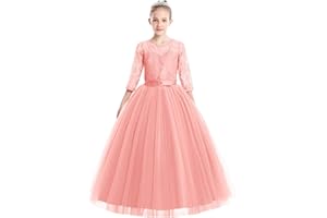 IBTOM CASTLE Robe Enfant Fille Anniversaire Fête de Princesse d'honneur Cérémonie Mariage Fleur Bowknot Manches 3/4 Dentelle Robe Tulle Tutu Soirée Robe Bal Communion
