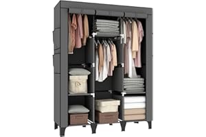 OPPAIYA Canvas Wardrobe, Portable wardrobe With 3 Hanging Rails, 6 Shelves and 8 Side Bags, 165 * 45 * 125cm Temporary wardrobe, Large Fabric wardrobes for bedroom Cheap、Living Room - Gray