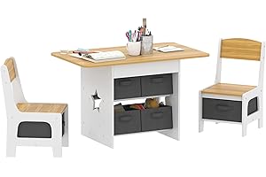 AIYAPLAY Mesa Infantil con 2 Sillas, Mesa y Sillas Infantil con 6 Cajones de Tela, Diseño Estrellas, para Niños y Niñas de 3-8 Años, para Hogar, Guardería, Aulas, Natural