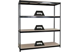 PROREGAL Étagère Charge Lourde Bison | HxLxP 200x180x60cm | 4 Niveaux | Charge du Compartiment 600kg | Noir | Étagère Robuste de Garage, Atelier, Cave, sous-Sol, Stockage, Rangement, Rayonnage