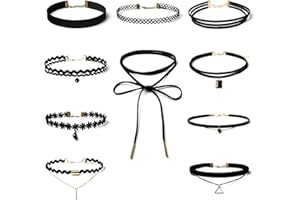 WLVINSON Set of 10 Choker Necklaces, Women's Choker Necklace, Black, Velvet Leather Choker, Joker Chain, Gothic Classic Choker Tattoo, Lace Necklace, Jewellery Gift for Women, Girls, Teenagers, Metal, Agate
