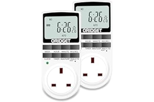 ORIDGET Digital Electrical Timer Plug Socket with 18 On-Off Programs, Countdown and Security Random Mode for Lights and Home Appliances, 24 Hour Weekly Programmable (13A / 2900W) (2 Pack)