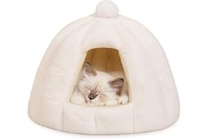 ALLSOPETS Cama Cueva para Gatos y Perros, Cama Igloo Interior con Cojín Extraíble y Lavable, Nido Cálido y Acogedor para Mascotas Pequeñas y Medianas (Blanco Nieve, L)