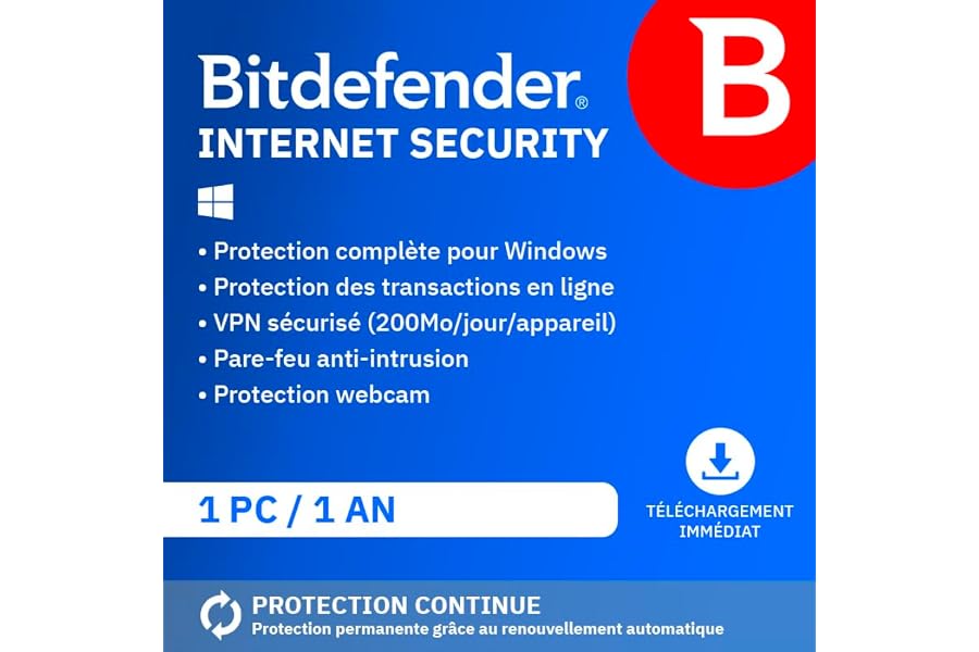 Bitdefender Internet Security 2026| 1 Appareil | 1 An | PC | Code d’activation par email | Renouvellement Automatique
