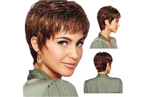 YXSHZ Pelucas de pelo corto marrón para mujer, esponjoso, rizado, con flequillo, peluca de cabello humano natural, mezcla de capas cortas, rubio, resistente al calor, pelucas completas (marrón)