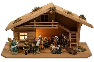 mgc24 Weihnachtskrippe Tischkrippe aus Holz, komplettes Krippenspiel mit Krippenstall und handbemalten Krippenfiguren aus Kunstharz, LED-Beleuchtung