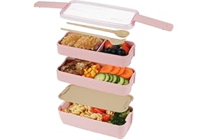 PEWWT Bento Box Lunch Box,3-in-1 Compartment Bento Lunch Box for Kids and Adults,Microwave and Dishwasher Safe Meal Prep Containers - Pink